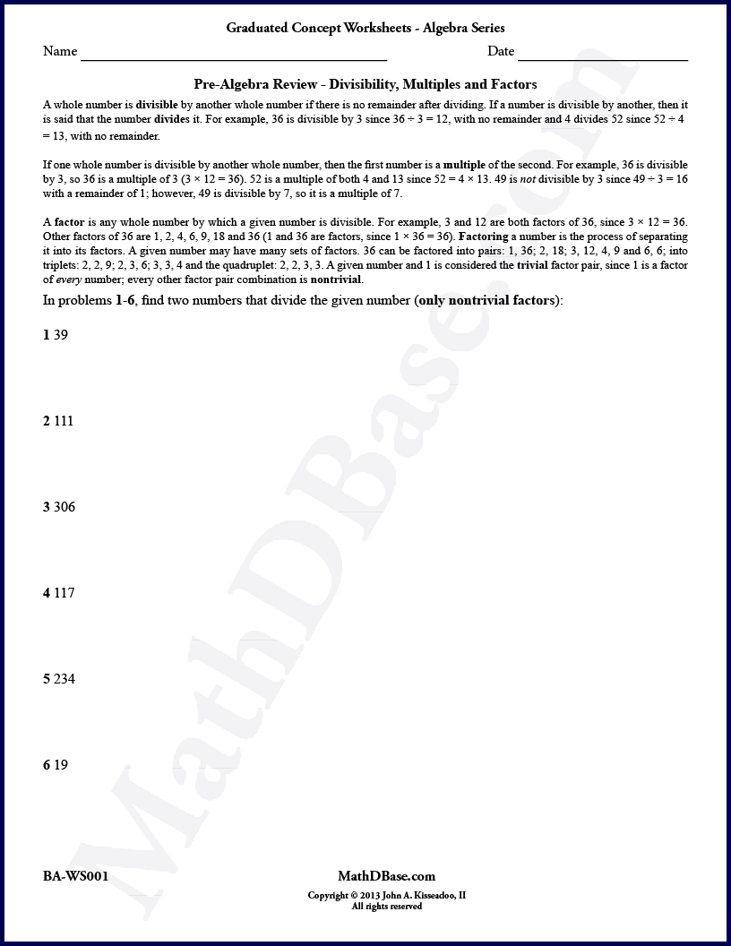 Pre-Algebra Worksheet Review 1 thumbnail